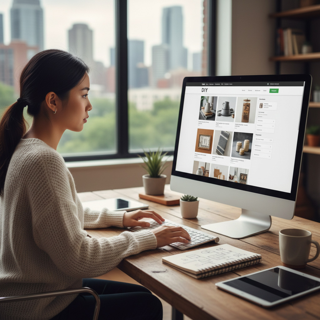 Снимка с жена правеща сайт на Shopify на компютъра си